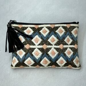 Boho Beaded Geo Clutch Zipper Pouch Bag Black Leather Back